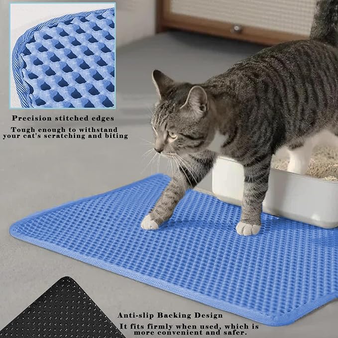 HCY&WLD Cat Litter Mat, Honeycomb Double Layer Cat Litter Trapping Mat, Waterproof Urine Proof Non-Slip, Scatter Control, Less Waste, Easier to Clean (Blue, 45" X 26")