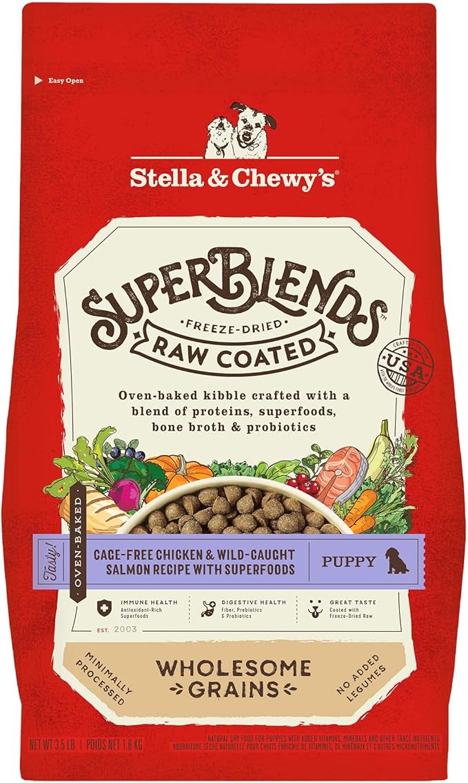 Stella & Chewy's SuperBlends Raw Coated Wholesome Grains Puppy Cage-Free Chicken & Wild-Caught Salmon Recipe with Superfoods, 3.5 lb. Bag