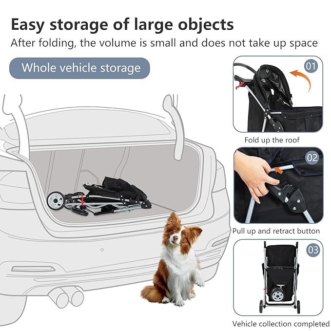 FDW Pet Stroller 3-Wheel Durable Foldable Cat Dog Stroller with Washable Liner Storage Basket Cup Holder,Black