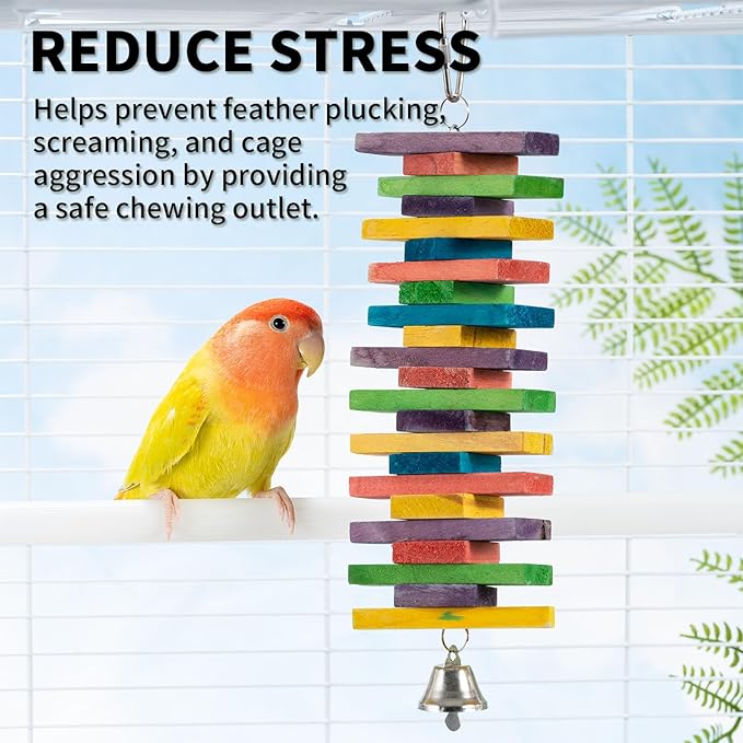 2 PCS 9.84" Multicolored Bird Toys - Stress Relief Chew Parrot Toys, Natural Wooden Blocks, Hanging Bird Cage Accessories, for Parakeets, Cockatiels, Conures, Budgies, Lovebirds