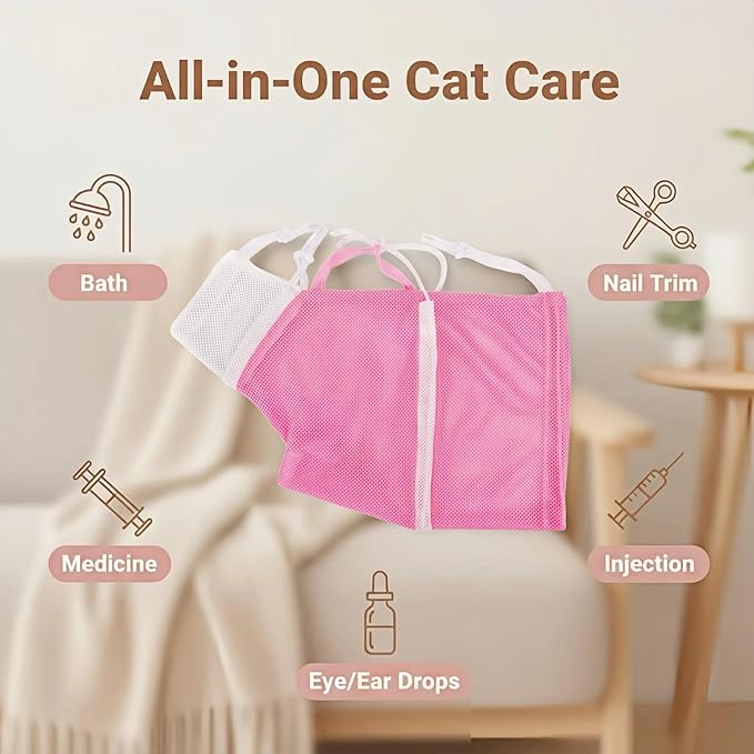 Cat Grooming Restraint Bag with Adjustable Drawstrings, Pink Mesh Bath Bag for Bathing, Nail Trimming, Ear Cleaning, Breathable Polyester with Zipper Design and Handheld Design