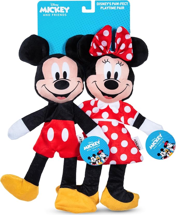 Disney for Pets Mickey & Minnie Mouse Plush Squeaker with Crinkle Flattie Body Dog Toy Set Dog Toys | Plush Squeaker Toy for Dogs Inspired by Mickey Mouse, 13.5in - 2 Pack