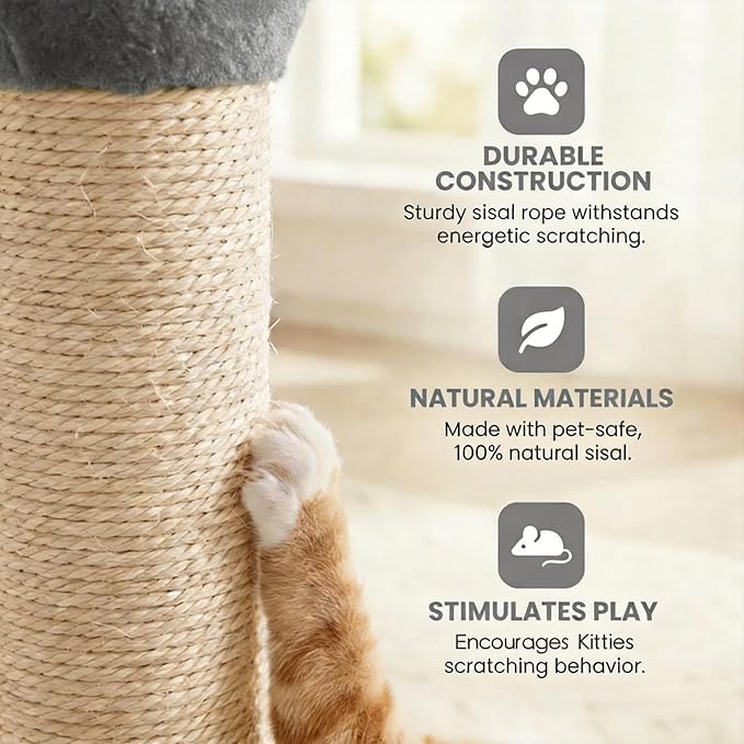 Cat Scratching Post for Small Space, 22'' Scratching Posts for Indoor Cats Adults, Extra Wide 13.4" Stable Base & Natural Sisal, Cute Cat Scratching Post with Short Plush Fabric for Large Cats, Grey