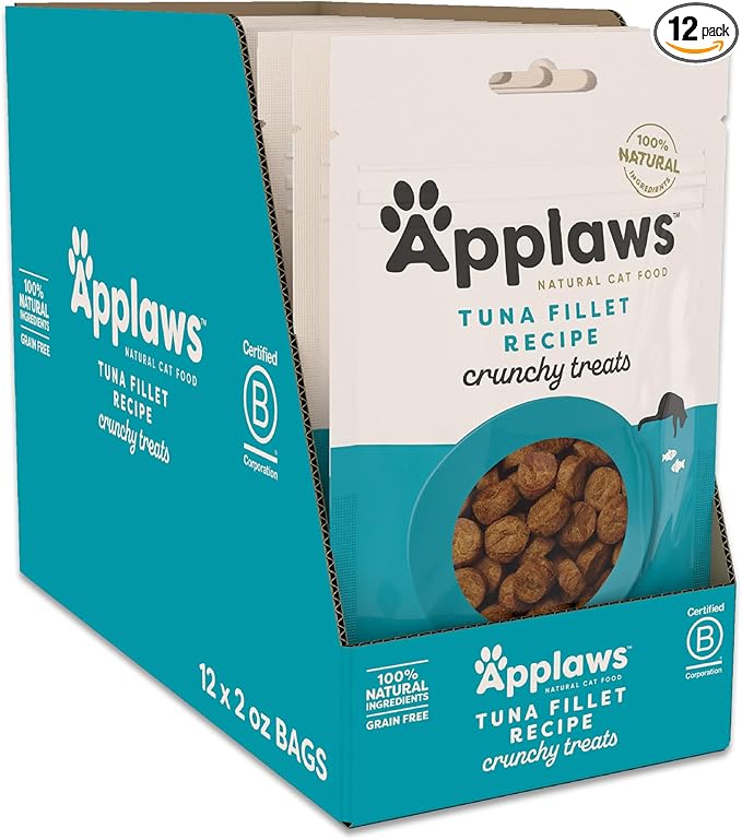 Applaws Natural Cat Treats, Grain-Free, High Protein, Limited Ingredients, No Artificial Additives or Fillers, Healthy & Nutritious Snack for Cats, Crunchy Tuna Treats (12 x 2.0oz Bags)