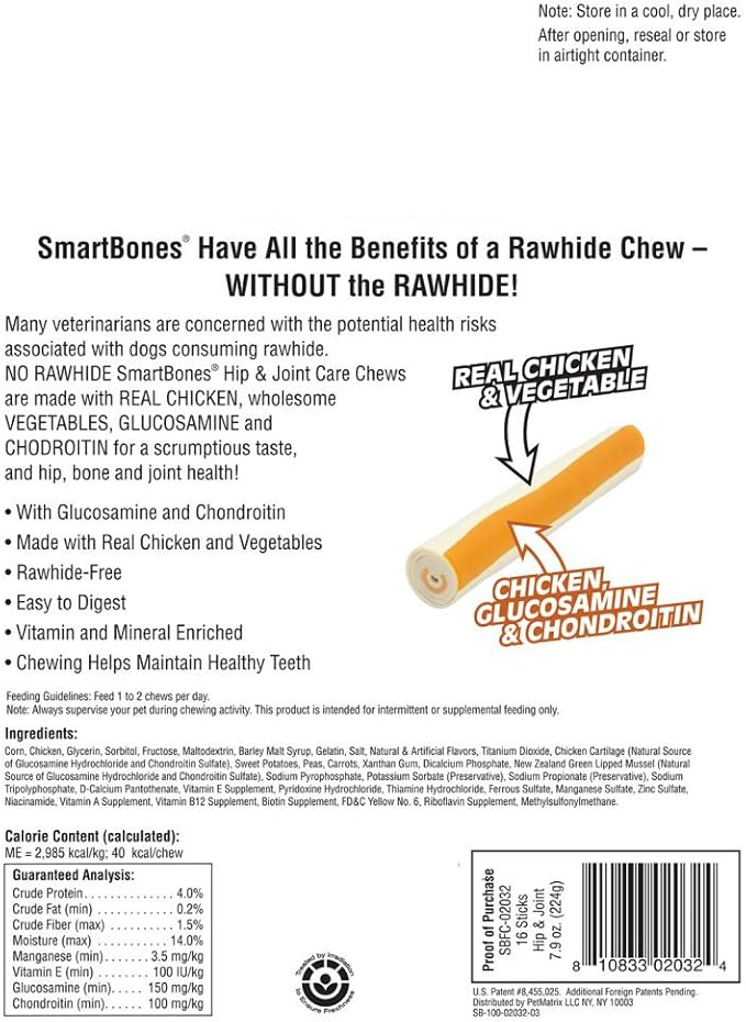 SmartBones Hip and Joint Care Sticks, Rawhide-Free Chews for Dogs, with Glucosamine and Chondroitin, 16 Count (Pack of 2)