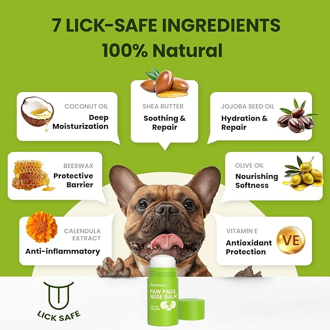 PawSono Lick-Safe Dog Paw & Nose Balm with Coconut Oil | All-Natural Moisturizer & Soother for Dry, Cracked Pads & Snout | Heat & Cold Pavement Protection Wax | Horse Hoof, Joint Care (2.6 oz)