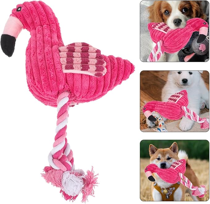 POPETPOP Flamingo Squeaky Rope Dog Toy 11.81X7.08X3.14In Interactive Corduroy Plush Chew Toy for Indoor Play Suitable for Small to Large Dogs