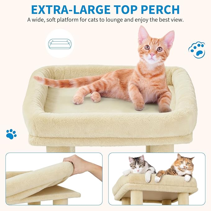 GarveeLife 61" Multi-Level Cat Tree for Indoor Cats, Heavy-Duty Tower for Large Adult & Maine Coon Cats with Oversized Perch, Dual Condos, Natural Sisal Scratching Posts & Play Toys – Beige