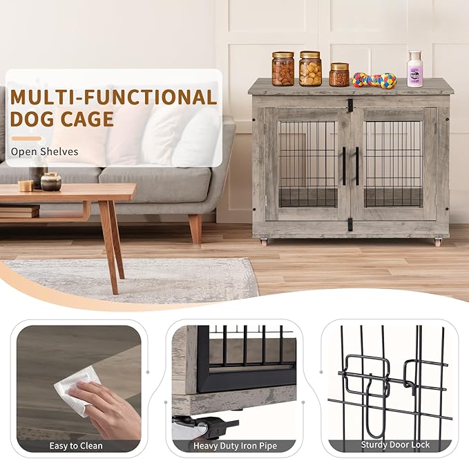 VINGLI Dog Crate Furniture, 32'' Wooden Dog Kennel with Wheels, Double Doors Indoor Dog Cage End Table, Grey (Medium-32 inch)
