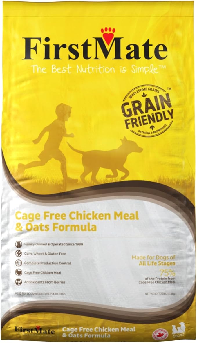 FirstMate Grain Friendly Dog Food Cage-Free Chicken Meal & Oats Formula – Humanely Raised Single Protein, Pea Free & Potato Free Dry Dog Food with Wholesome Grains – 25 lb Bag