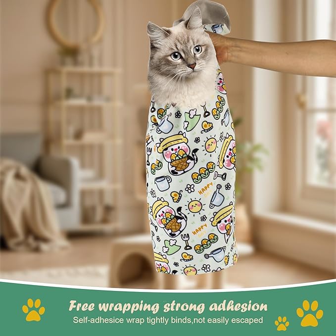 Cat Wrap for Cutting Nails and Grooming,Cat Restraint Wrap for Nail Clipping,Self-Adhesive Fabric Cat Swaddle Burrito Wrap for Nail Trimming (Cow Style)