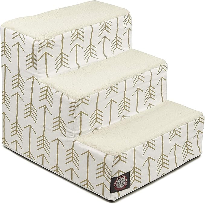 Majestic Pet 3 Step Portable Dog Stairs for Small Dogs to get on Bed Supports 250 lbs or Less – Dog Steps for High Bed with Machine Washable Cover –Pet Stairs for Cats Arrow White/Gold