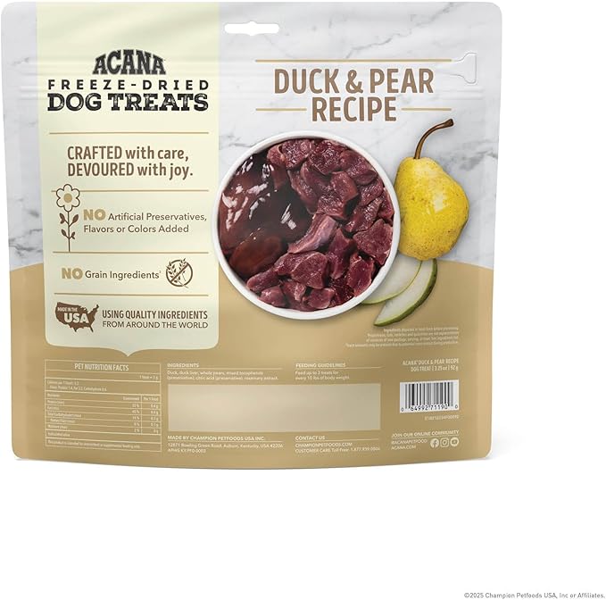 ACANA Singles Grain Free Dog Treats Limited Ingredients & Freeze-Dried Duck & Pear 1.25 Bag