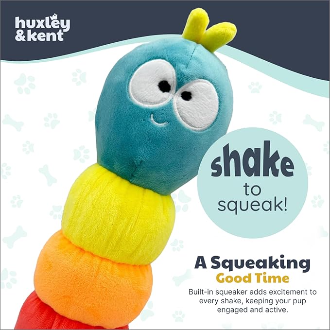 Huxley & Kent Funny Dog Toy w/Squeaker – Power Plush Squeaky Dog Toys for Small, Medium & Large Dogs – Soft Stuffed Animal for Indoor Play & Fetch - Fetchies® Caterpillar, Small