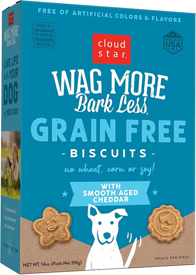 Cloud Star Wag More Bark Less - Dog Treats - Crunchy Biscuits - Grain Free Cheddar Cheese - 14 oz Box
