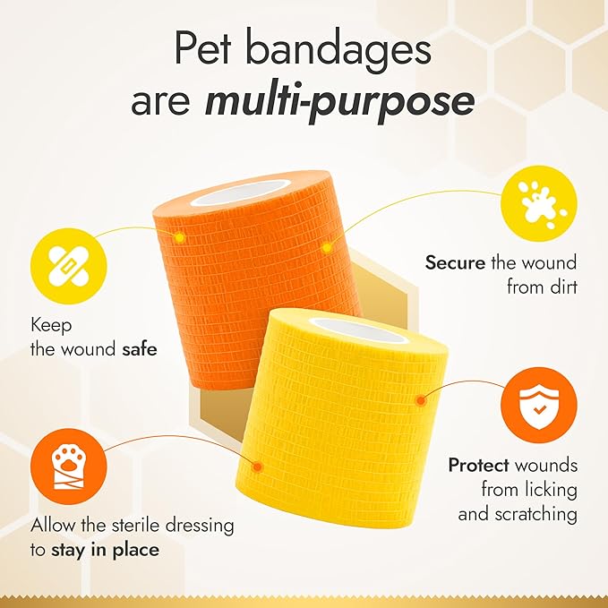 Self-Adhering Cat and Dog Wound Care Bandages – 6 pcs x 5 cm Set of Elastic Dog Bandages for Wounds Prevent Licking and Scratching – Made from Breathable Rubber Latex