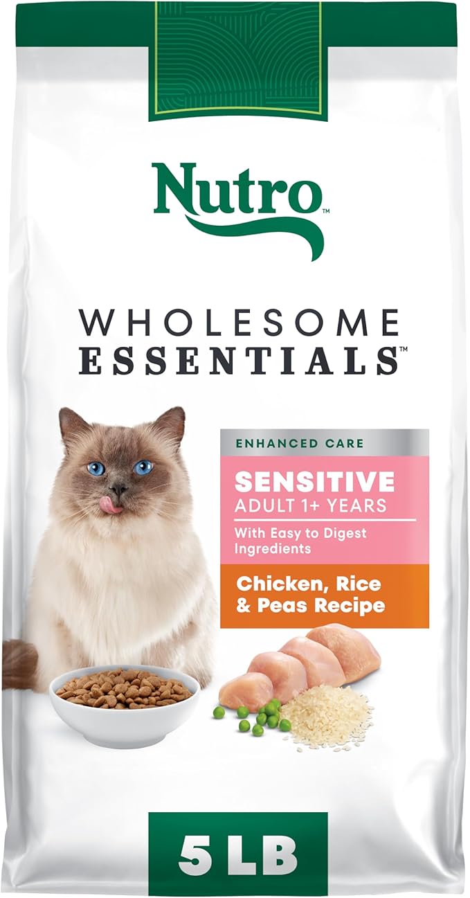 Nutro Wholesome Essentials Natural Dry Cat Food Sensitive Stomach, Chicken, Rice & Peas Recipe Cat Kibble, 5 lb. Bag