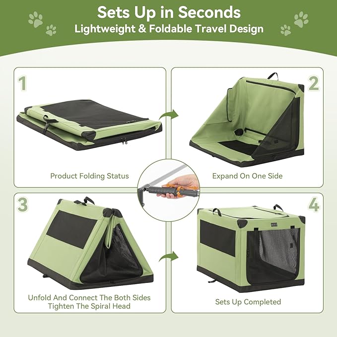 PETSFIT 30" Soft Portable Dog Crate – Patented Spiral Sturdy Frame, Collapsible Travel Kennel for Medium Dogs, 3 Mesh Door, Lockable Zippers, Indoor & Car Use Green