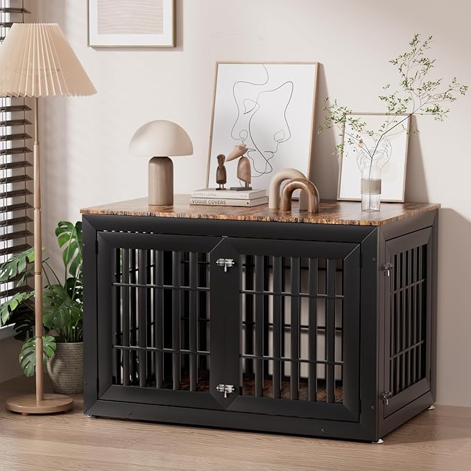 Snuowu 48" Heavy-Duty Dog Crate Furniture for Large Dogs, XXL Wooden Dog Cage Kennel Indoor Furniture, Decorative Pet House End Table, Black & Wood
