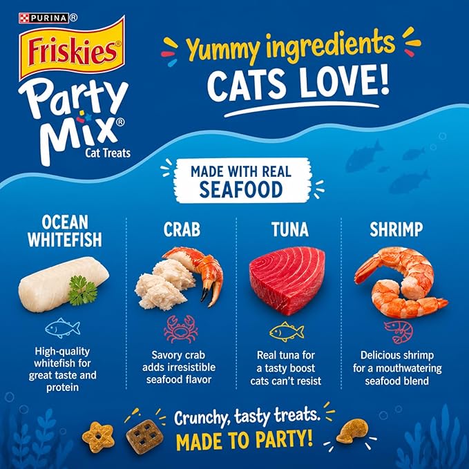 Purina Friskies Party Mix Crunch Beachside Cat Treats, Seafood Flavors (Ocean Whitefish, Shrimp, Crab & Tuna), Crunchy Cat Snacks, 30 oz (1.25 lb)