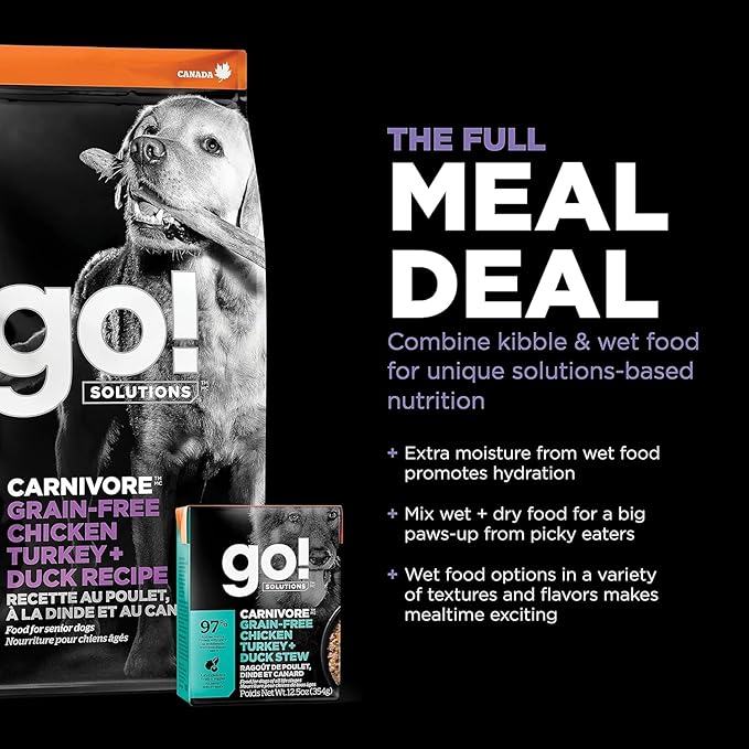 Go! Solutions Carnivore Chicken, Turkey + Duck Grain-Free Dry Senior Dog Food, Our Highest-Protein Kibble Made with Real Meat & Fish, Pumpkin & Probiotics for Good Digestion, 3.5 lb Bag
