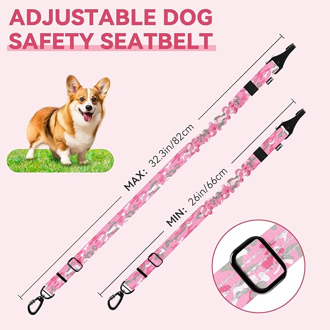 Pawaboo Dog Car Seat Belt– Reflective & Adjustable Dogs Cars Harness Leash with 360° Lockable Buckle, Shockproof Dogs Tether Bungee for Safe Travel, Pink Camouflage