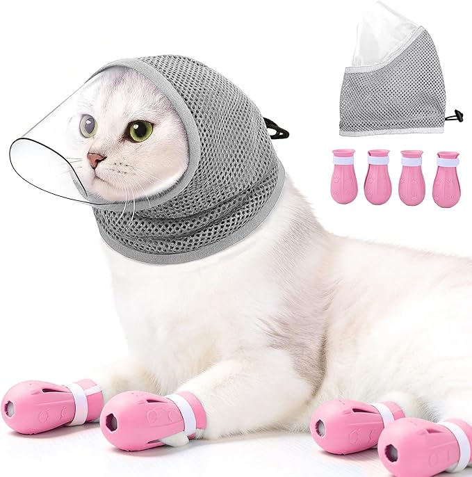 Adjustable Cat Muzzle for Grooming & Biting Prevention, Upgrade Kitten Head Cover,Breathable Anti-Bite Cat Mask with 4 Anti-Scratch Gloves Boots Silicone Shoes for Nail Trim Bath Vet Visit (Grey, M)