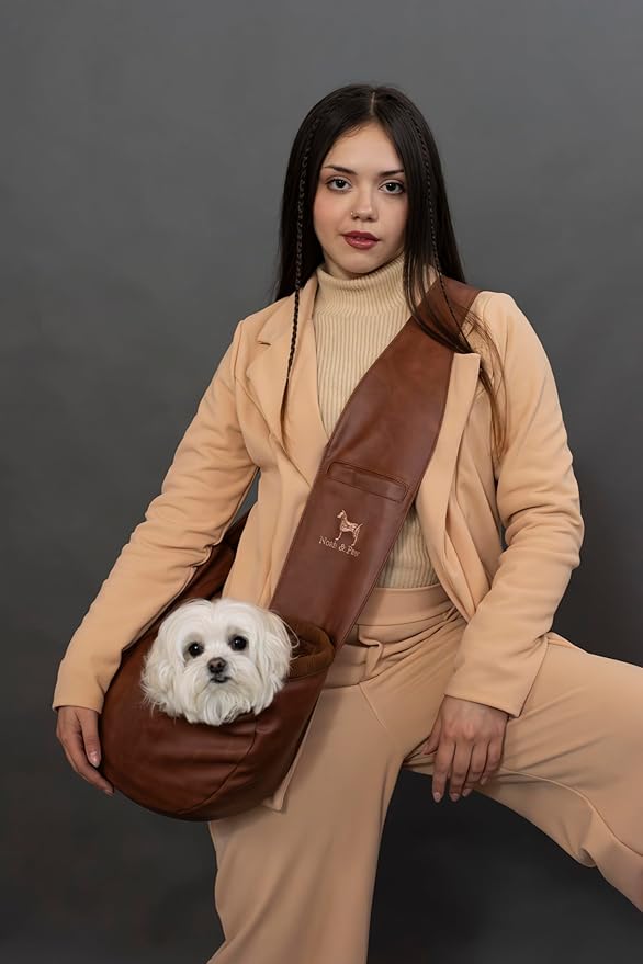Noah & Paw Dog Sling Carrier for Small Dogs 5-18lb, Dog Sling for Small Dogs and Cats, Dog Carrier with Adjustable Padded Strap, Vegan Leather Lined with Fur, 3X Safety Features, Machine Washable