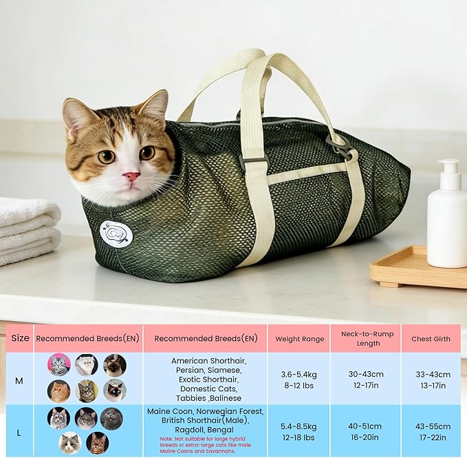 Cinf Cat Bathing Bag(Free Muzzle) Breathable Mesh Anti Scratch Adjustable Cat Grooming Bag for Nail Trimming, Bathing Soft Cat Washing Bag(Moss Green) M