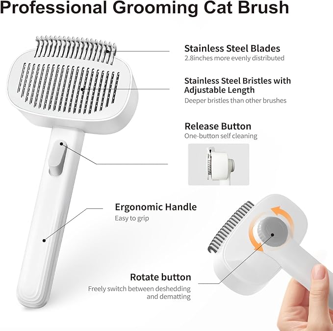 Self Cleaning Slicker Brush for Dogs Cats, Deshedding Dematting Grooming Tool for Long Haired Pets, Removes Matted Fur & Tangles, White