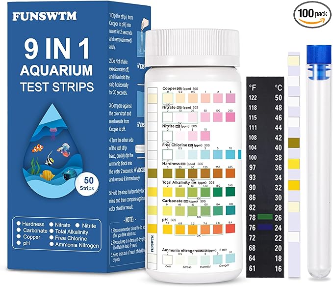 Aquarium Test Strips for Freshwater Fish – 9 in 1 Fish Tank Water Test Strips, Fast & Easy Color Chart for Beginners, Test Ammonia Nitrite Nitrate pH Chlorine Hardness, 50 Strips