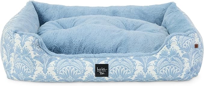 Nicole Miller New York PET Mod Damask Plushy Bolster Pet Bed, Cozy & Calming, Non-Slip Bottom, Machine Washable Cover, Blue, Small 24"x19"x7"