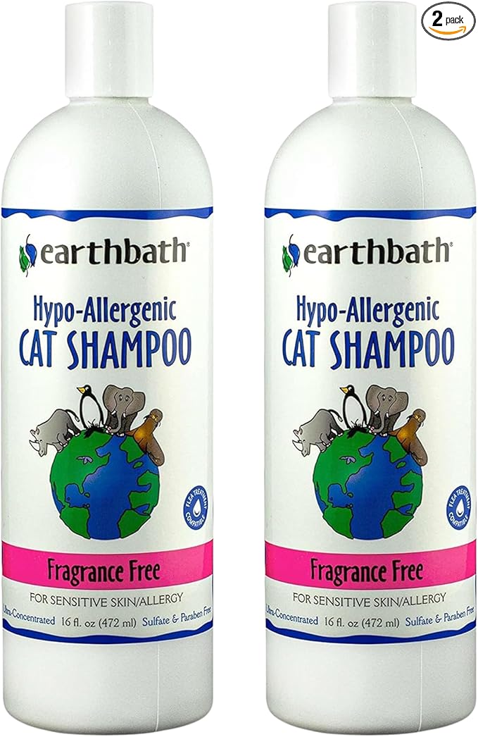 earthbath, Hypoallergenic Cat Shampoo - Fragrance Free Cat Shampoo for Allergies and Itching, Made in USA, Cruelty Free Cat Wash, Gentle & Soothing Kitty Shampoo - 16 Oz (2 Pack)