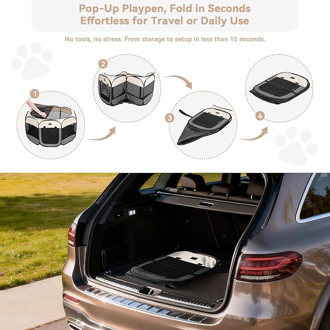 Dog Playpen for Small Dogs & Puppies, 40.55" Portable Indoor Outdoor Puppy Playpen with Bowl, Waterproof Floor, Foldable Pop-Up Pet Pen for Home, Travel & Daily Use, Grey+Beige