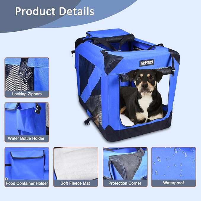 JESPET 30'' Soft Pet Crates Kennel, 3 Door Soft Sided Folding Travel Pet Carrier with Straps and Fleece Mat for Dogs, Cats, Indoor/Outdoor Use with Black