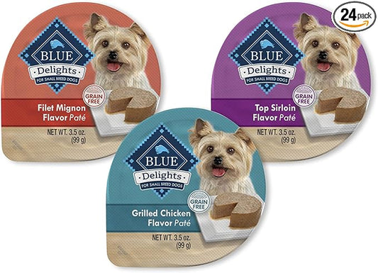 Blue Buffalo Delights Natural Adult Small Breed Wet Dog Food Cups, Pate Style, Chicken, Top Sirloin, and Filet Mignon 3.5-oz (24 Pack- 8 of Each Flavor)