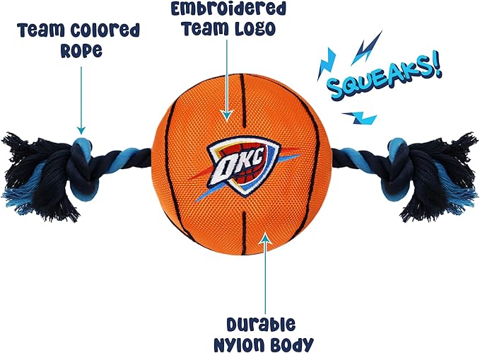 Pets First NBA Oklahoma City Thunder Basketball Toy. - Tough Nylon Pet Toy with Tug Ropes & Inner Squeaker, one Size