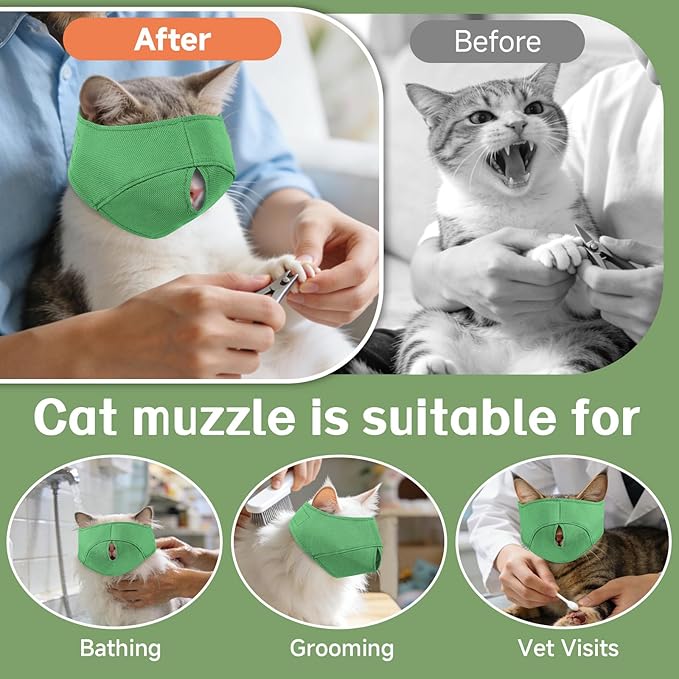 BARKLESS Cat Calming Muzzle for Grooming & Nail Trimming, Oxford Muzzle with Shading Design to Help Calm the Cat Down, Soft Head Cover to Prevent Biting & Scratching (Green, L)