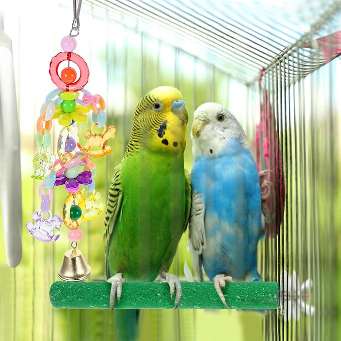 Happyyami Parrot Bite with Acrylic Beads and Bell, Colorful Hanging Bird for Cage, Chew and Beak Exercise Accessory for Parrots and Small Birds Random Color
