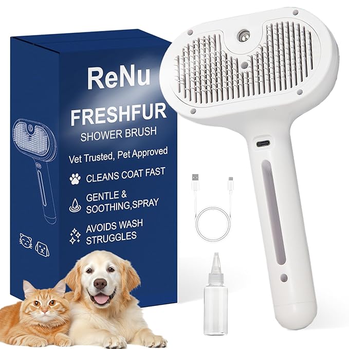 2026 Fresh Fur Shower Brush, 3 in 1 Pet Steam Brush, Spray Hair Removal Comb for Cats ＆ Dogs - Deshedding＆ Grooming (White)