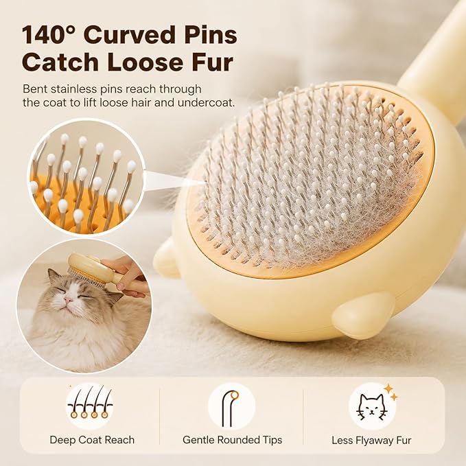Cat Brush for Shedding, Self-Cleaning Hair Brush with Release Button for Indoor Cats, Soft Silicone Grooming Comb for Long and Short Haired Cats, Cute & Effective Pet Hair Remover Tool, Yellow