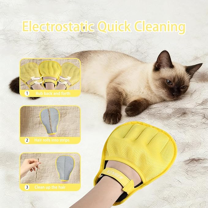 VINGER Pet Hair Removal Glove for Cats & Dogs, Electrostatic Pet Hair Gloves with Adjustable Wristband, Five-Finger Magic Brush Remover Tool for Laundry, Carpet, Couch, Car Seats & Clothing (Yellow)