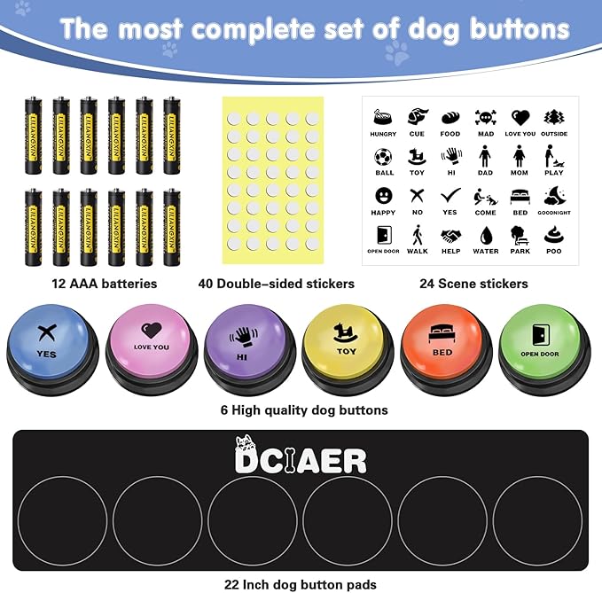 Dog Buttons for Communication, 6 PCS Dog Talking Button Set,30 Seconds Recordable Pet Training Buzzer，with Training Manual Book+12 AAA Batteries+24 Scene Modes + 1 Dog Button Mat