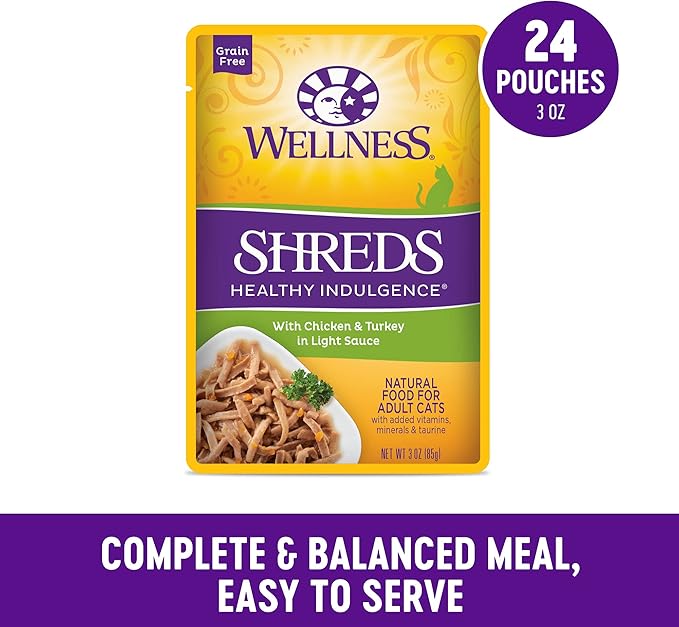 Wellness Healthy Indulgence Shreds Adult Wet Cat Food, Natural, Protein Rich, Grain Free, Chicken and Turkey Recipe, 3 oz, Pack of 24 Pouches