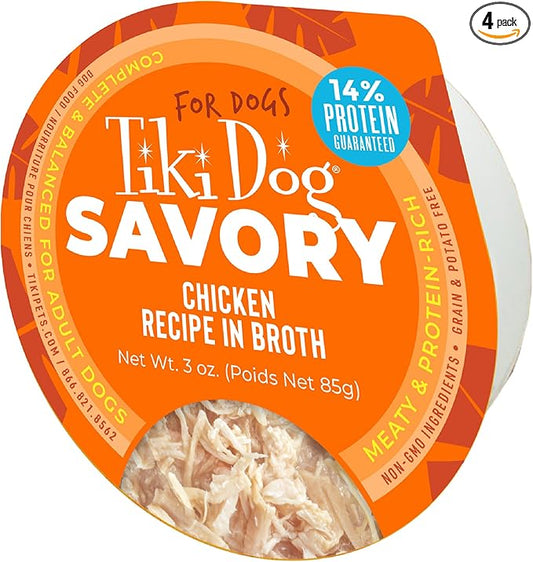 Tiki Dog Meaty – Grain Free High Protein Wet Dog Food Chicken Recipe in Broth, 4 cans, 3 oz, NO Color