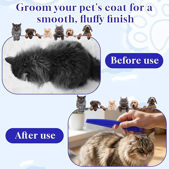 6-Pack Flea Comb for Dogs and Cats, Stainless Steel Dog Cat Grooming Combs with Rounded Tooth for Remove Fleas Lice Eggs Double-Sided Tear Stain Remover Pet Dematting Kit for All Types of Pets