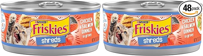 Friskies Purina Shreds Chicken and Salmon Dinner in Wet Cat Food Gravy - 5.5 oz. Cans (Pack of 48)