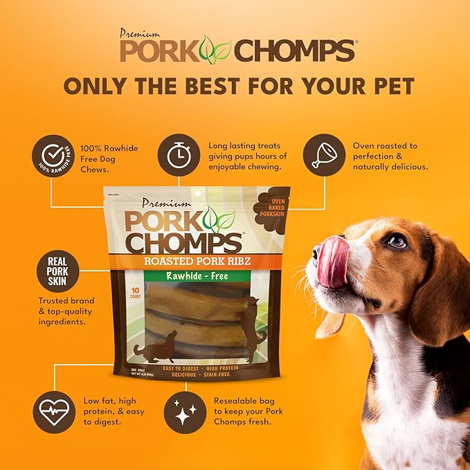 Pork Chomps Roasted Pork Skin Dog Chews, 6 Inch Rib Shapes, 10 Count, Pack of 2 - Long-Lasting Treats for Dogs - High Protein, Rawhide-Free, Low Fat, Healthy & Delicious Chews