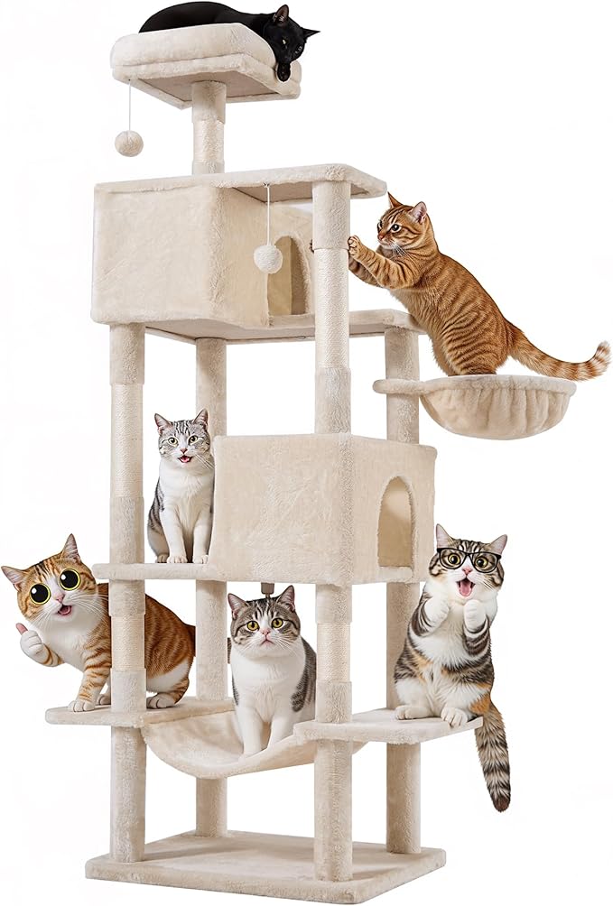 Cat Tree for Indoor Cats, 66 Inches Cat Tower with Scratching Post, Multi-Level Climbing Tree Cat House Padded Plush Perch, Cat Condo Activity Center with Pompoms, Kittens Pet Play House, Light Gray