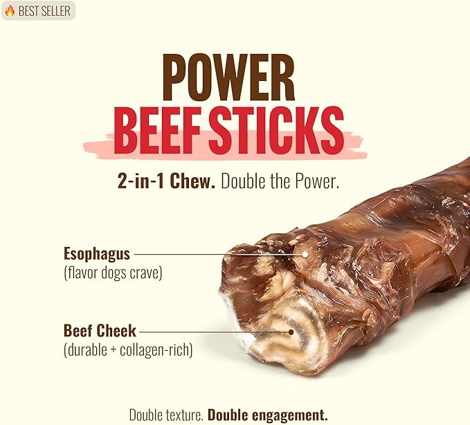 Natural Farm Power Beef Sticks Dog Chews (6”, 15-Pack), 2-in-1 Power Chews: Premium Bully Cheek Wrapped in Beef Esophagus for Double Chewing Time, Promotes Dental Health, Great for Medium Dogs